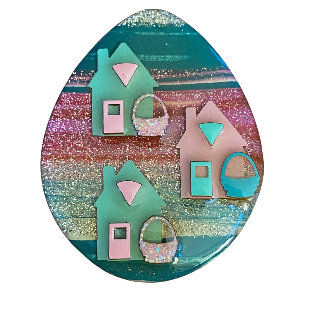 Vintage Easter Egg House Pin Lucinda Rainbow Glitter Village Egg Basket Brooch‎